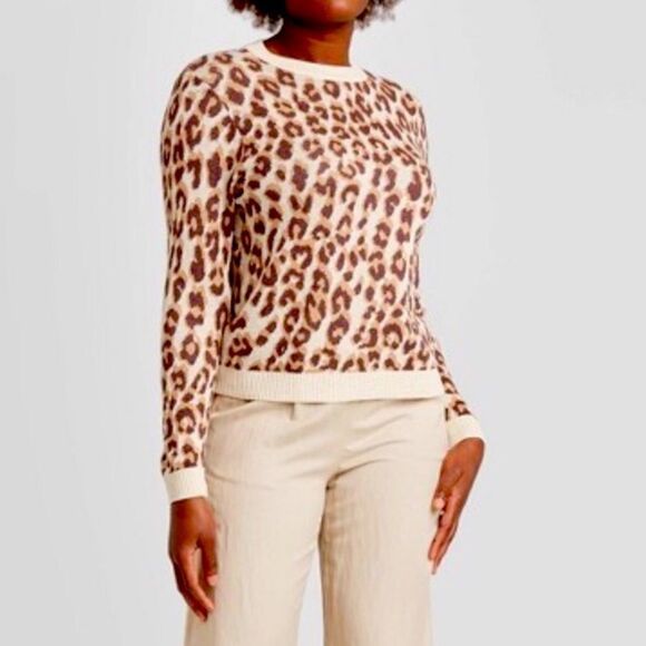 Women's Leopard Print Crewneck Pullover Sweater - A New Day™ Brown - Picture 2 of 2